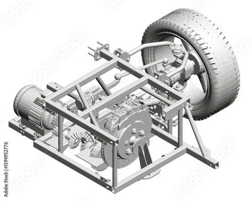 A car is shown in a white background with a black tire. The car is a model of a vehicle with a motor and a wheel