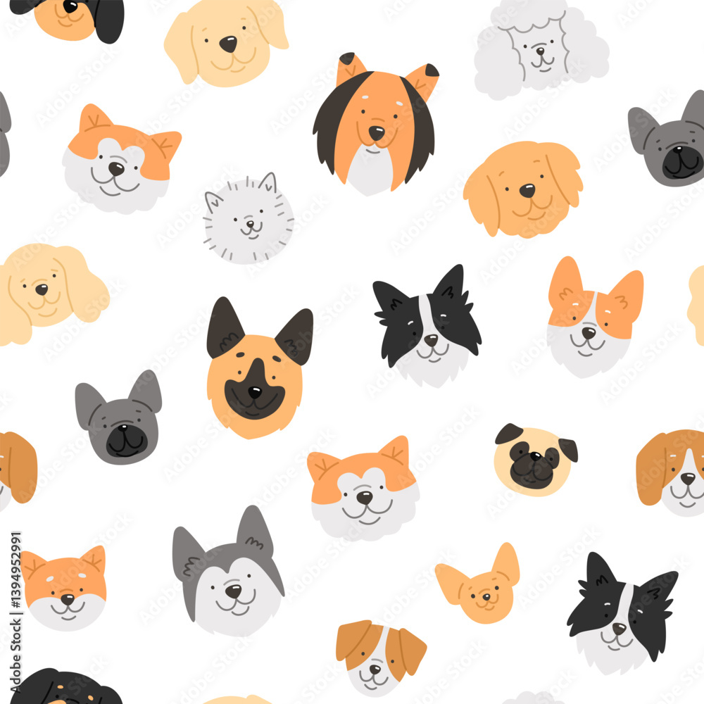 Vector pattern with сartoon dogs breeds. Seamless pattern with cute dog faces. Vector pattern with сartoon dogs breeds. Seamless pattern with cute dog faces.