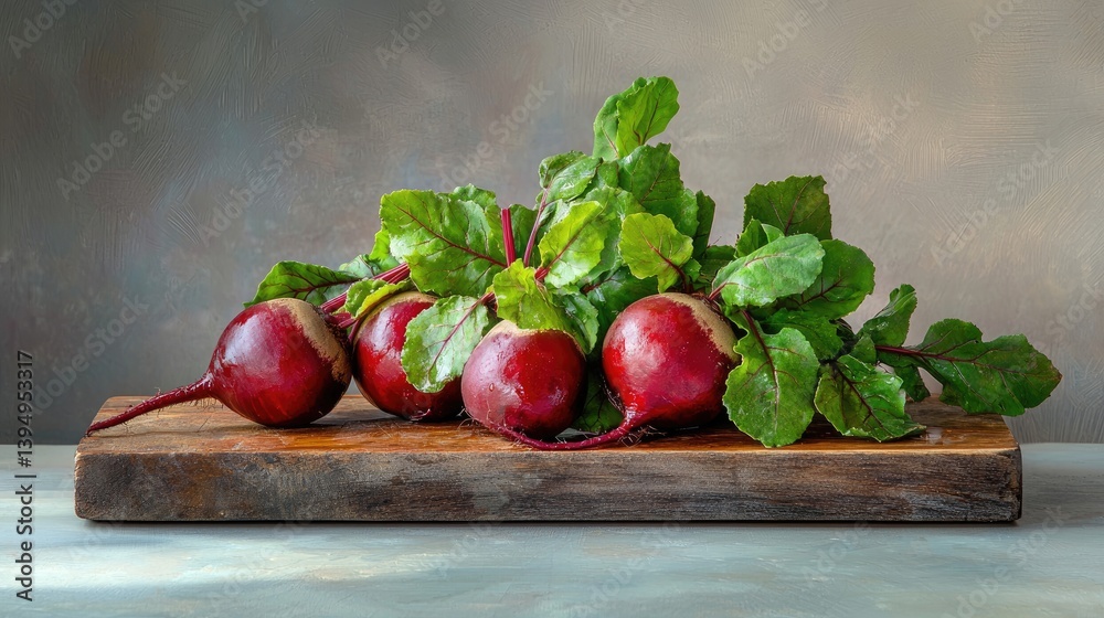 A bundle of fresh beetroots with bright leaves, arranged on a rustic wooden board.