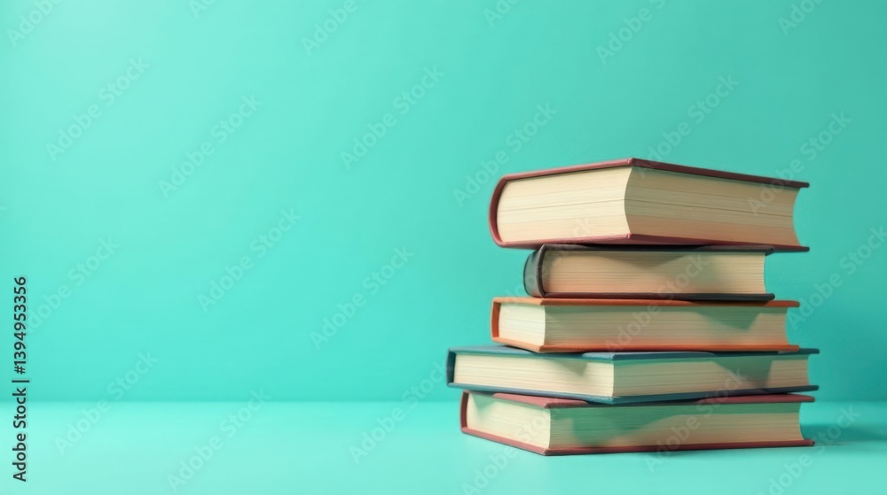 A stack of hardback books with neutral-toned pages rests on a teal surface against a matching backdrop. A stack of hardback books with neutral-toned pages rests on a teal surface against a matching backdrop.