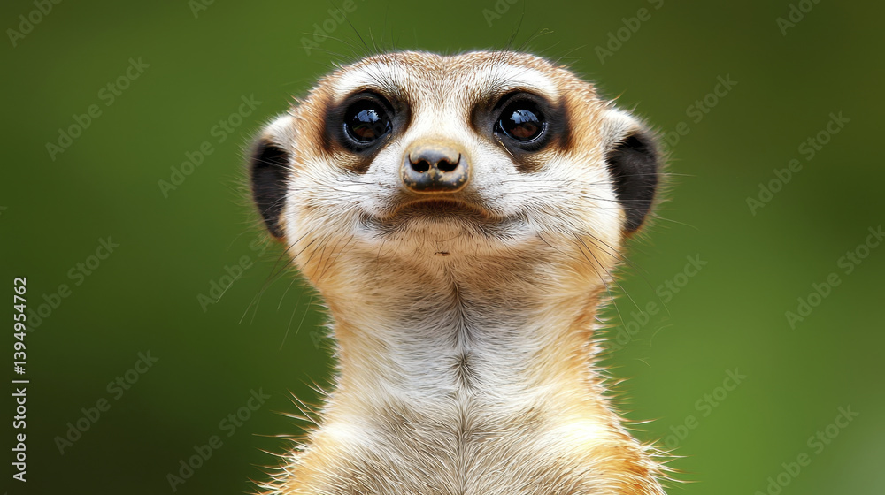 Fototapeta premium meerkat with bright eyes and curious expression stands alert against blurred green background, showcasing its playful nature