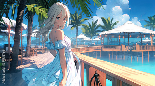 Smiling anime girl with long blonde hair in a flowing blue dress, standing on a wooden deck by a luxurious waterfront resort with palm trees and white canopies