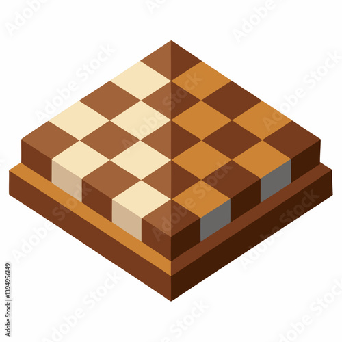 Isometric vector illustration of a chess board with pieces arranged for a game.