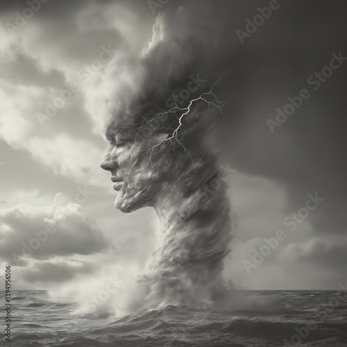 A tornado over the ocean shaped like a human figure