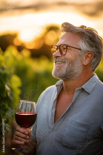 Handsome successful winemaker tasting a flavor of his wine. Sommelier checking red wine quality in vineyards at sunset.