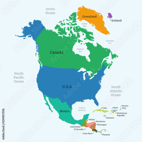 Colorful North America continent  map with country names