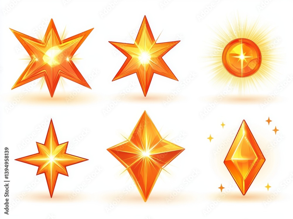 Obraz premium Glittering stars. Bright sparks, shimmering light, starry and sparkling elements. A golden Christmas card with glowing stars and yellow starbursts. A set of isolated, modern signs