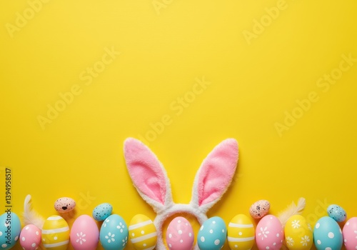 Vertical Easter flat lay with pastel eggs and bunny ears on yellow background