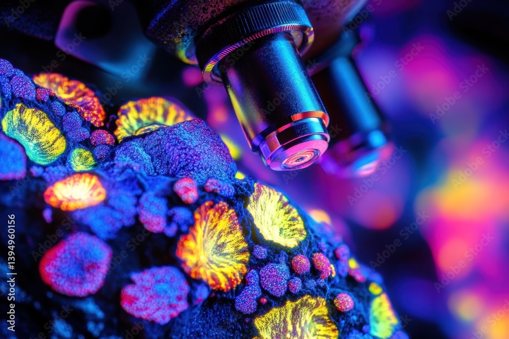 Microscopic view revealing colorful coral structures illuminated by fluorescent light