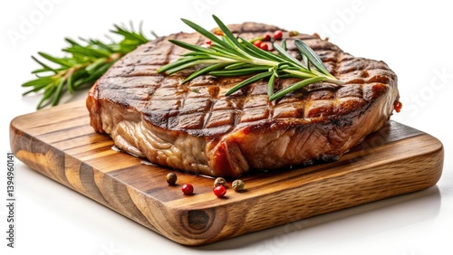 Juicy Grilled Beef Steak with Rosemary, Wooden Board, Isolated White Background - High-Resolution Food Photography
