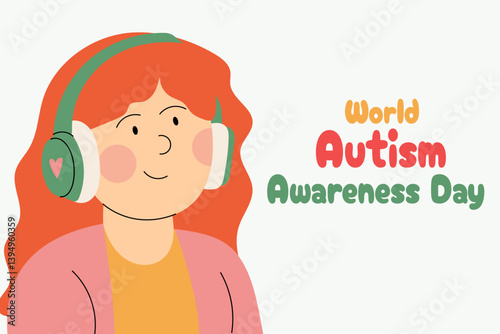 Girl or autistic girl with headphones. Illustration of an autistic girl wearing noise-cancelling headphones for sensory comfort. Suitable for autism awareness designs and educational materials.