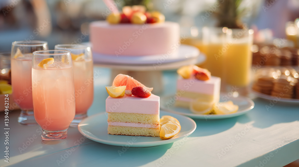 Pink cake and lemonade party ideas for summer celebration with desserts and refreshing drinks outdoors Pink cake and lemonade party ideas for summer celebration with desserts and refreshing drinks outdoors