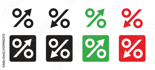 Collection of isolated up and down percent arrow icons. Percentage increase growth and decrease. Vector Illustration