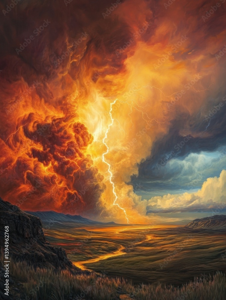 Fototapeta premium Dramatic lightning storm over vast landscape with fiery clouds and golden light creating a powerful and awe inspiring scene