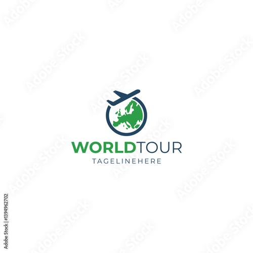 Modern World Tour Logo with Airplane and Europe Map Travel Agency Branding Design