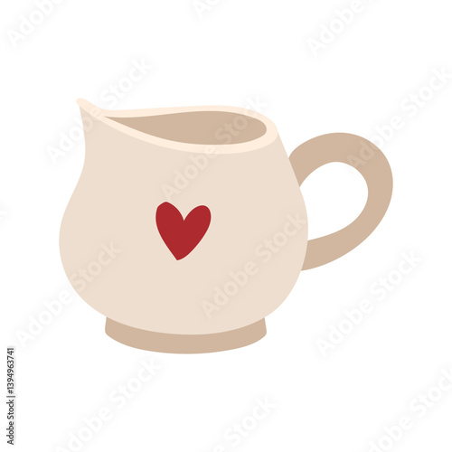 container for cream or milk. Porcelain container for adding milk liquids to tea or coffee. A mug with a spout and a heart pattern. Retro flat-style tableware for liquids. Isolated color illustration