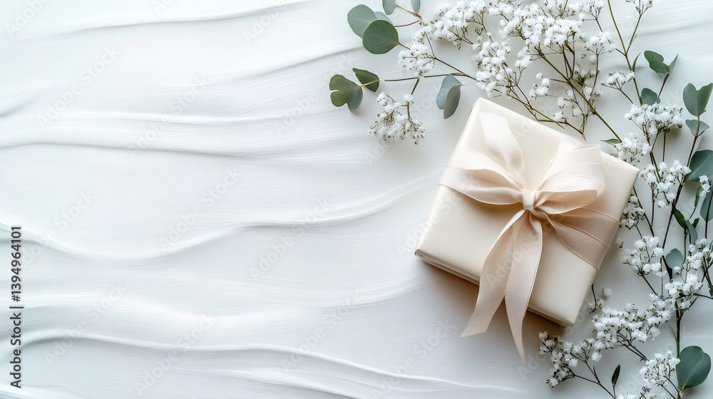 Elegant gift box with ribbon and eucalyptus on white textured background Elegant gift box with ribbon and eucalyptus on white textured background