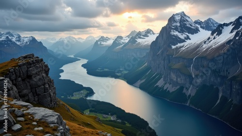 Aerial view of Sunnmøre Alps in Norway during dawn with cloudy conditions.