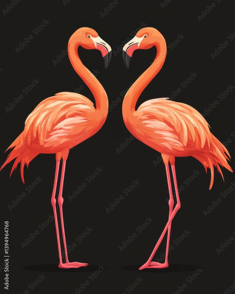 Two Elegant Flamingos Forming a Heart Shape with Their Necks in a Romantic Black Background Digital Art Two Elegant Flamingos Forming a Heart Shape with Their Necks in a Romantic Black Background Digital Art