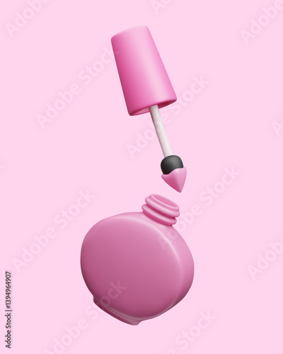 Pink nail polish bottle with brush applicator 3D style vector illustration. Manicure beauty cosmetic product, pedicure salon accessory. Skincare treatment glossy lacquer bottle 3D render.