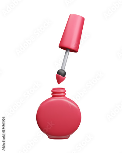 Red nail polish manicure bottle 3D style vector illustration isolated on white. Manicure pedicure nail polish lacquer bottle with brush applicator red paint liquid drop. Beauty makeup cosmetic product