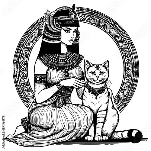 Illustration of a cleopatra with a cat in a stylish and artistic design.