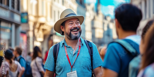 Tour guide leading a group of visitors to tourist attractions, giving them information and insights, pointing at local architecture.