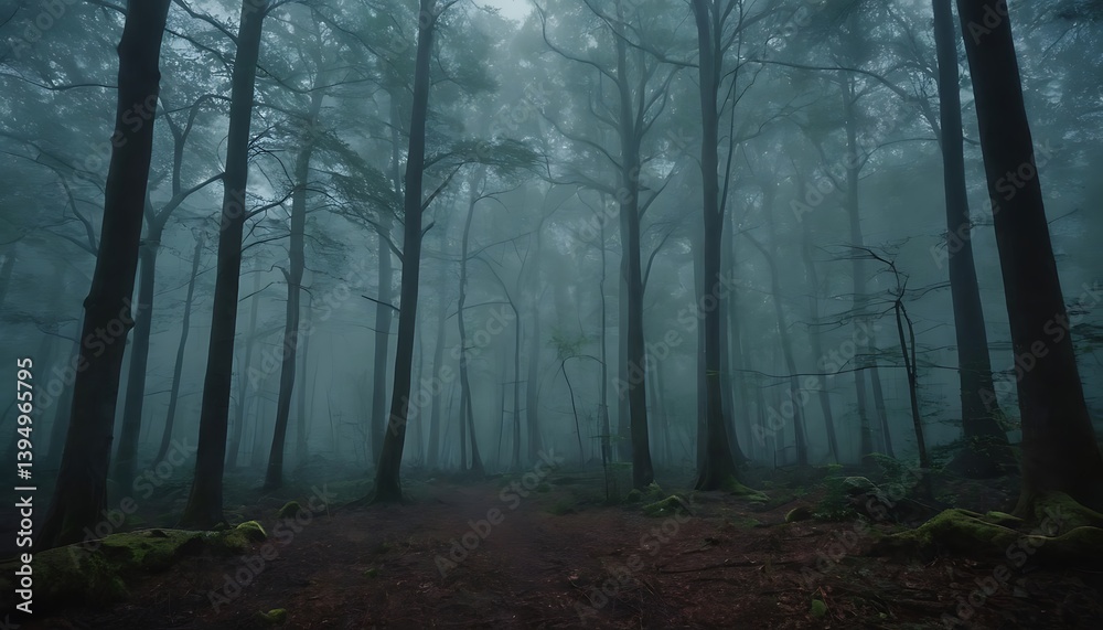 Fototapeta premium Gloomy spooky foggy dark forest landscape Mysterious horror forest background 3D illustration,fog, horizontal, horror, loneliness, no people, photography, 8