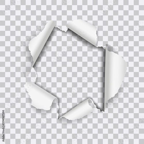 Vector realistic hole torn in white paper isolated on transparent background