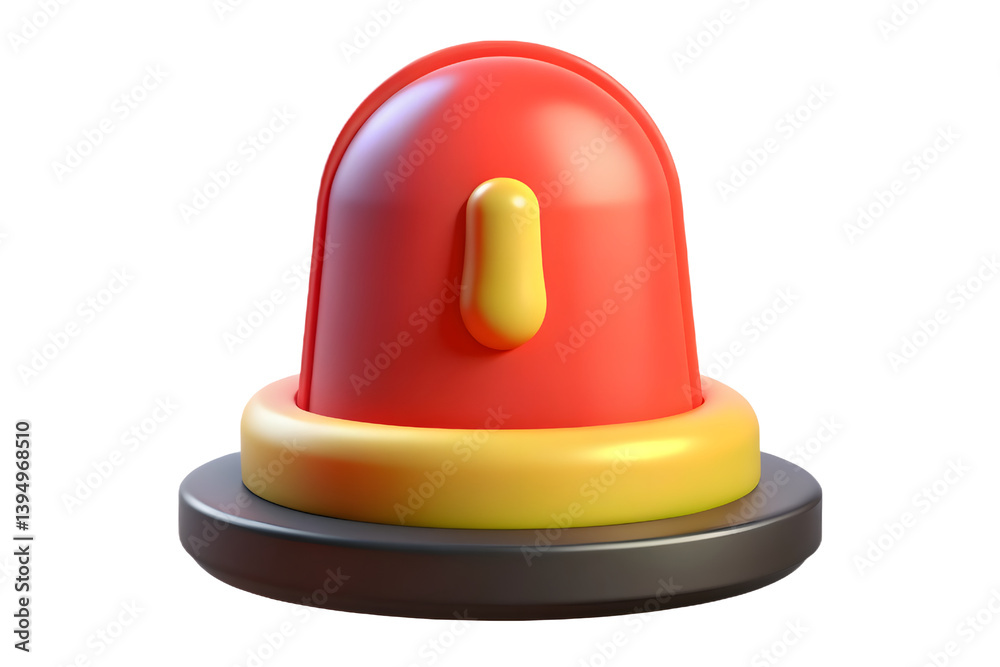 Fototapeta premium A cheerful cartoon fire hydrant, playfully designed with vibrant red and yellow tones, sits on a dark base against a white background.