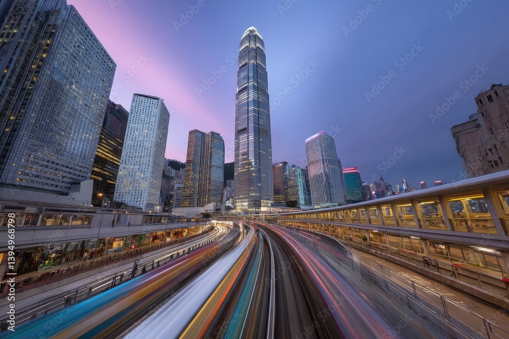 Captivating Hong Kong Skyline at Twilight with Light Trails from Moving Trains and Modern Architecture in Urban Scene Captivating Hong Kong Skyline at Twilight with Light Trails from Moving Trains and Modern Architecture in Urban Scene