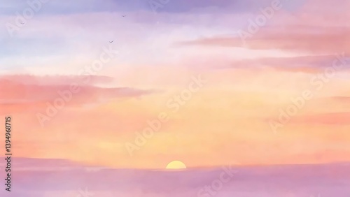 Fototapeta Naklejka Na Ścianę i Meble -  Watercolor Sky Gradient At Sunrise With Birds Flying In Calm Atmosphere