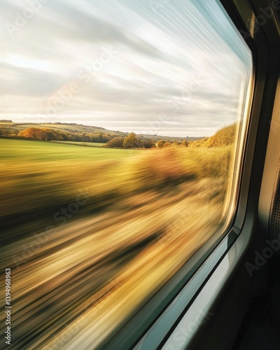 Obraz na płótnie A captivating view of nature from a moving train. The landscape blurs beautifully, creating a sense of speed and adventure. Experience travel like never before. Generative AI w salonie