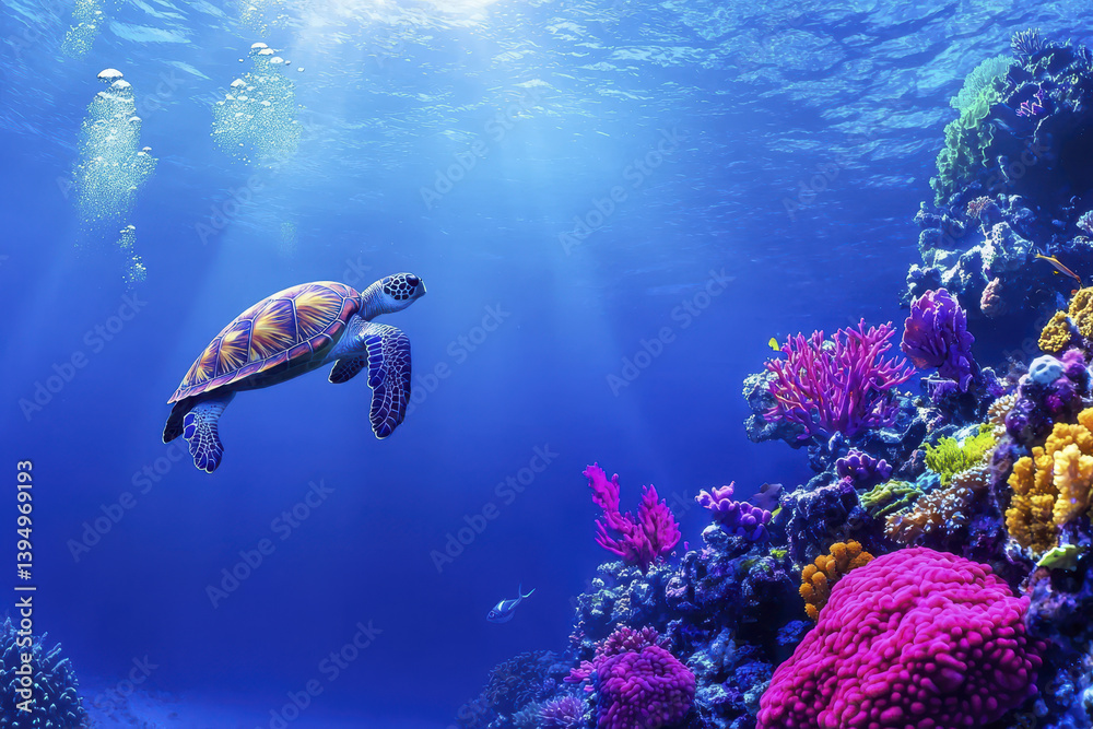 Fototapeta premium vibrant underwater world features sea turtle swimming gracefully among colorful coral reefs, creating serene atmosphere