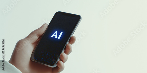 Wallpaper Mural AI Technology in Hand: A modern, elegant photograph highlights a hand holding a mobile phone with the letters "AI" glowing on the screen, suggesting the integration of artificial intelligence. Torontodigital.ca