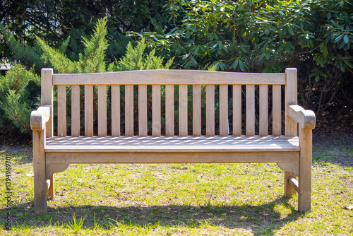 Wooden bench in a park on a sunny day with green bushes in the background.