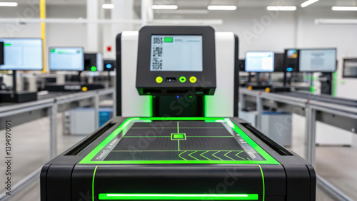 A modern scanning machine with a sleek design, illuminated by green lights, set in a high-tech environment filled with similar devices. photo