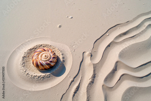 A spiral-shaped shell on smooth sand resembling a Zen garden with gentle curves