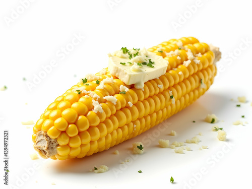 Delicious grilled corn on the cob topped with melted butter, grated cheese, and fresh herbs, presented against a clean isolated studio shot to enhance visual appeal