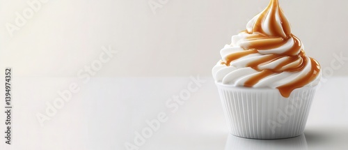 Delicious soft serve ice cream in white cup with caramel sauce on bright background for dessert promotion