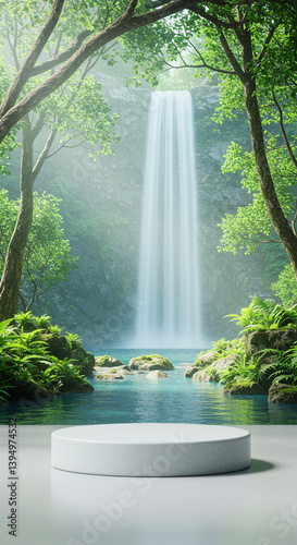 Podium Waterfall Forest Background. White cylinder podium mockup set against a scenic forest waterfall background. Serene nature scene for product display