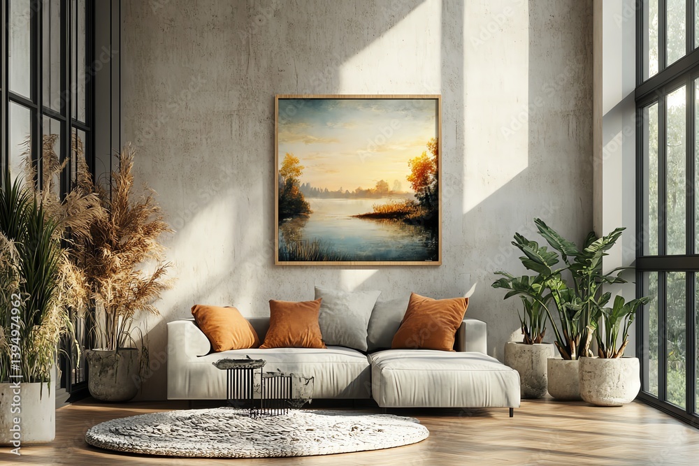 Fototapeta premium A modern living room featuring a cozy sofa, vibrant cushions, and a beautiful landscape painting that inspires calmness.