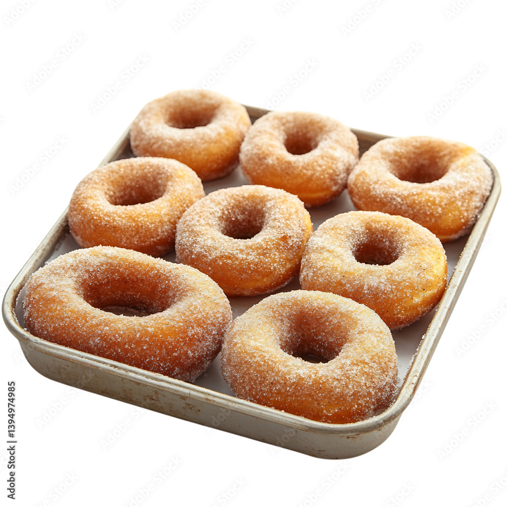 A Tray of Cinnamon Sugar Donuts with Golden Crust Isolated on Transparent Background A Tray of Cinnamon Sugar Donuts with Golden Crust Isolated on Transparent Background