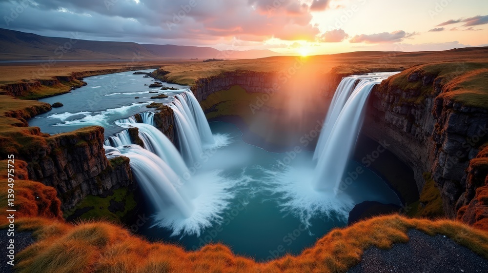 Fototapeta premium Captivating photo of Fjadrargljufur, Iceland, at dawn with sunny weather, captured from above.
