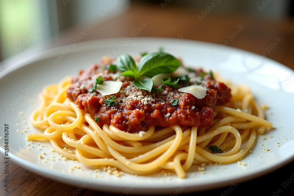 Delicious spaghetti with flavorful tomato sauce, garnished with fresh basil leaves and grated cheese, served on a pristine white plate presenting a comforting dish Delicious spaghetti with flavorful tomato sauce, garnished with fresh basil leaves and grated cheese, served on a pristine white plate presenting a comforting dish