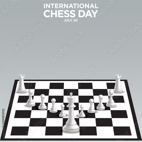 Print international chess day 20 july 2024 chess piecess with chess board entertainment, queen, chess board, pieces, championship, design, club, day, emblem, graphic, crown, art, sports, celebrate, pl