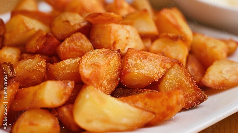 An inviting plate of Patatas bravas is attractively showcased. The Patatas bravas features golden - brown, crispy potato cubes that are fried to perfection An inviting plate of Patatas bravas is attractively showcased. The Patatas bravas features golden - brown, crispy potato cubes that are fried to perfection