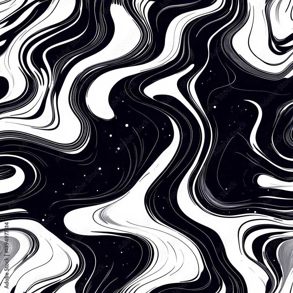 Fototapeta premium Pattern background of Abstract black and white wavy pattern with flowing lines and star like dots, creating dynamic and artistic background