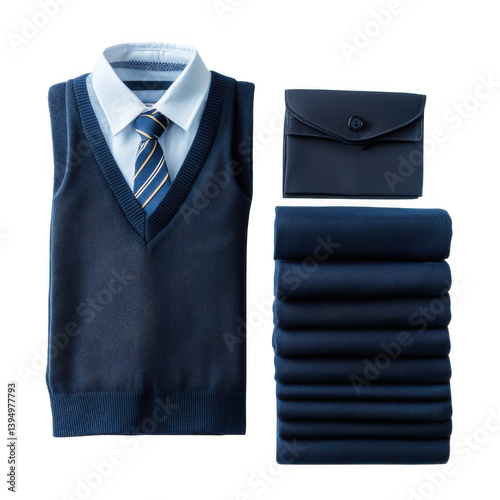 Transparent background image isolate into png School opening activities. Dark Blue School Uniform: Knitted Vest, Shirt, Tie, Socks and Accessories