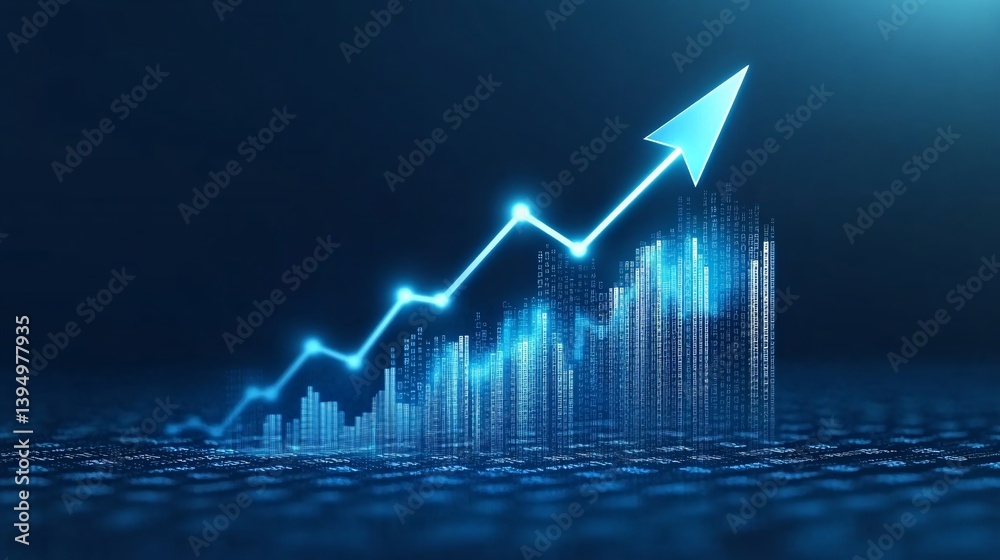 Stock market graph with blue arrow rising upward representing economic growth, success and financial trend Stock market graph with blue arrow rising upward representing economic growth, success and financial trend